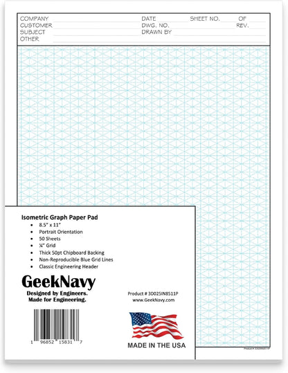 GeekNavy 8.5" x 11" Isometric Graph Paper 50 Sheets Portrait - 0.25" Grid, Non-photo Blue, High Brightness, Drafting, Engineering, Art, 3D Design (1-Pack)