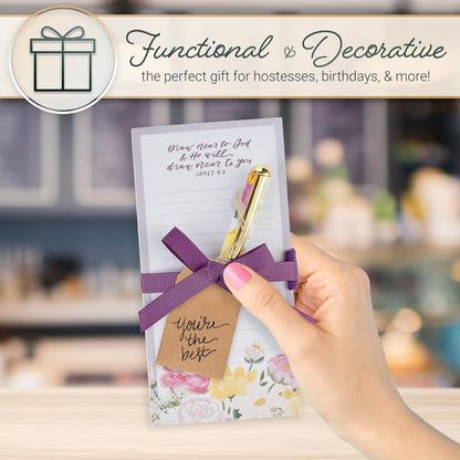 Christian Art Gifts Compact Magnetic Notepad & Medium Ballpoint Pen Set: Trust in the Lord Inspirational Scripture, Shopping Lists, Memos, Reminders, 70 Lined Easy Tear-off Sheets, Purple/Teal Floral