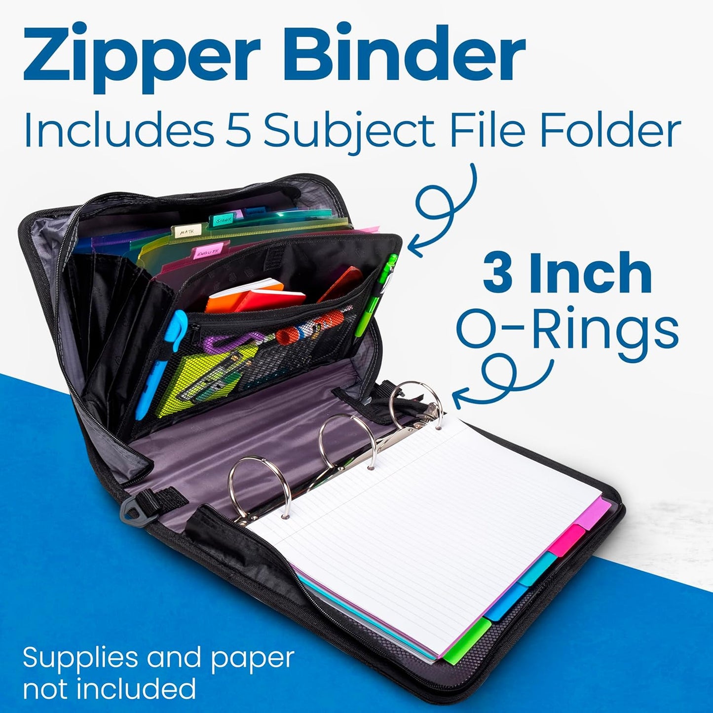 Case-it Mighty Zip Tab School Zipper Binder | 3-Inch O-Rings, 600-Sheet Capacity, 5-Subject Expanding File Folder, Multiple Pockets & Storage Organizer, Shoulder Strap | D-146 Jet Black