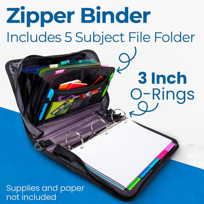 Case-it Mighty Zip Tab School Zipper Binder | 3-Inch O-Rings, 600-Sheet Capacity, 5-Subject Expanding File Folder, Multiple Pockets & Storage Organizer, Shoulder Strap | D-146 Jet Black