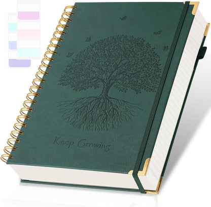 Spiral Notebook, College Ruled Notebook, 8" x 10", 300 Pages Leather Journals for Writing, B5 Hardcover Journaling Notebooks for Work School, 24pcs Tabs, Large Embossed Journal for Women Men, Black