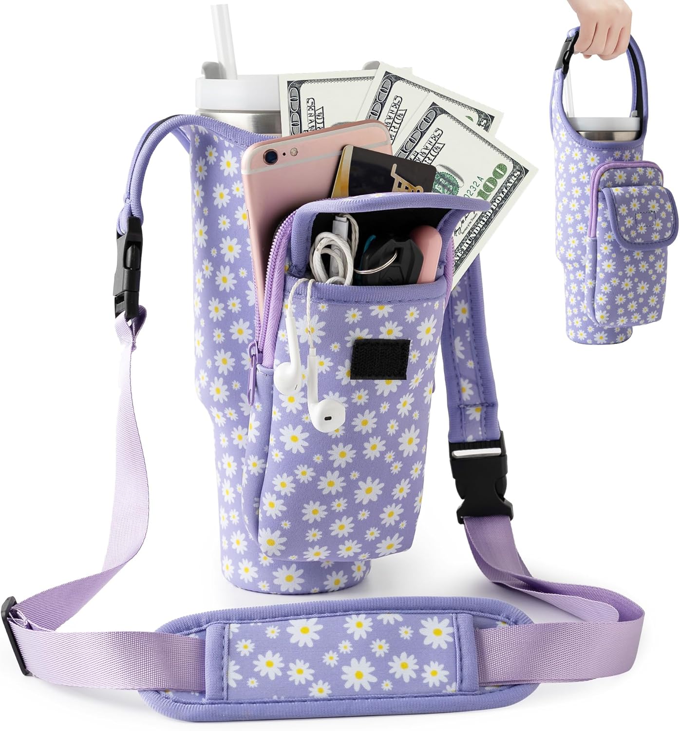 Bufilea Carrier Bag with Phone Holder Pockets for Stanley 40/30oz Tumbler with Handle, Insulated Neoprene Crossbody Bag Cup Holder w/Shoulder & Handheld Straps Fits Stanley Cup Accessories