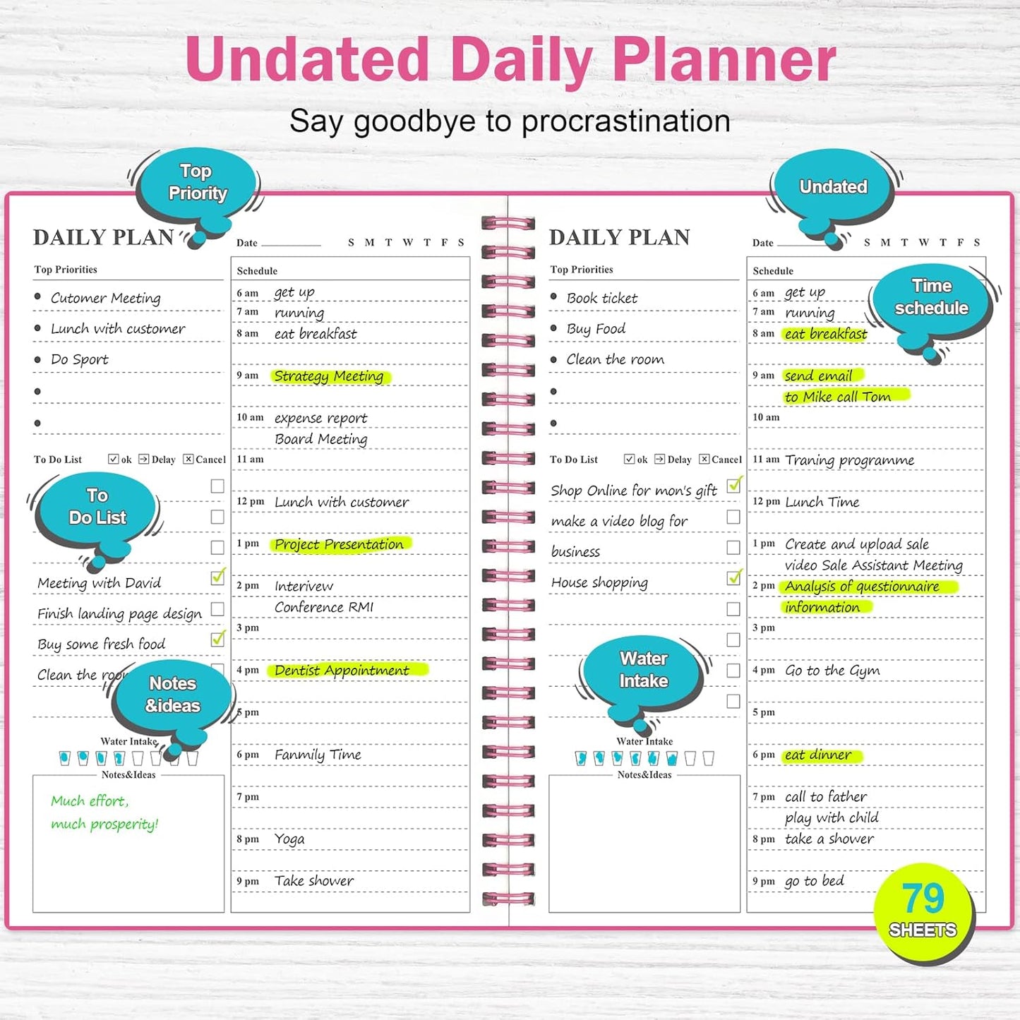 Daily Planner Undated, Asten To Do List Notebook Hourly Schedules Spiral Appointment Planner for Men and Women,PVC Hardcover,Elastic Closure, Inner Pocket 8.3" x 5.8" (Black)