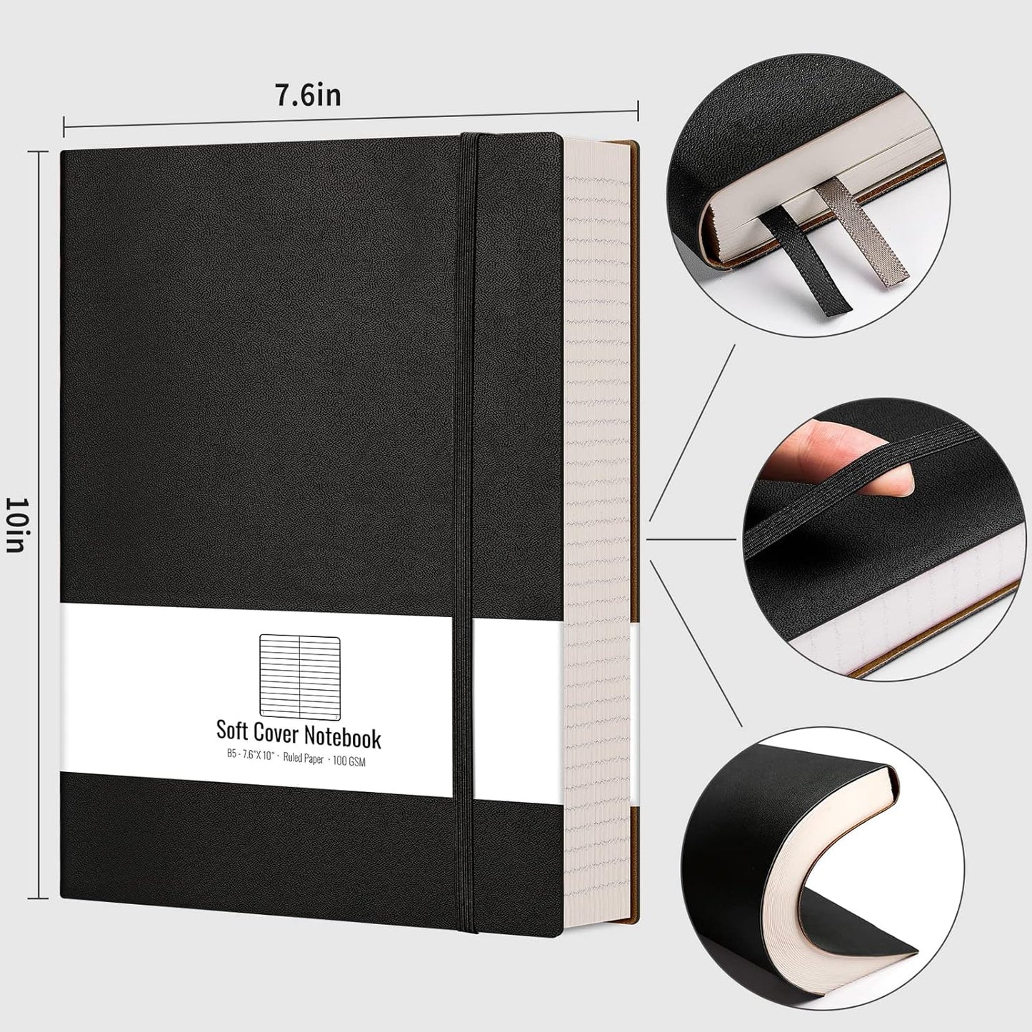 AHGXG 8.5''×11'' Notebook College Ruled - Large A4 Notebook Lined Journal - 320 Pages Thick Journal for Writing, 100gsm Thick Paper, Leather Softcover, for Work School - Black