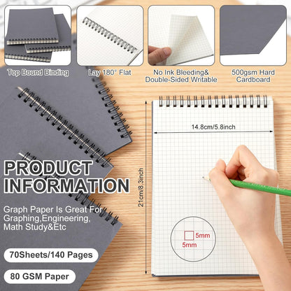 Engrowtic 2 Pack Graph Paper Spiral Notepad A5 Top Wirebound Notepad Grid Notebook Steno Pads Memo Notebook Grid Paper 140 Pages for Writing Sketching Drawing Office Supplies (Black)