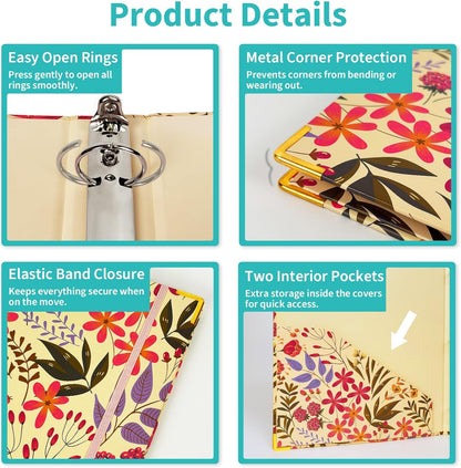 Binditek 3 Ring Binder 1 Inch, Letter Size, Binder Organizer with 5-Tab Dividers, 2 Interior Pockets, Low Profile Clip Cover, Label Stickers, 175 Sheet Capacity, Floral, 1 Pack