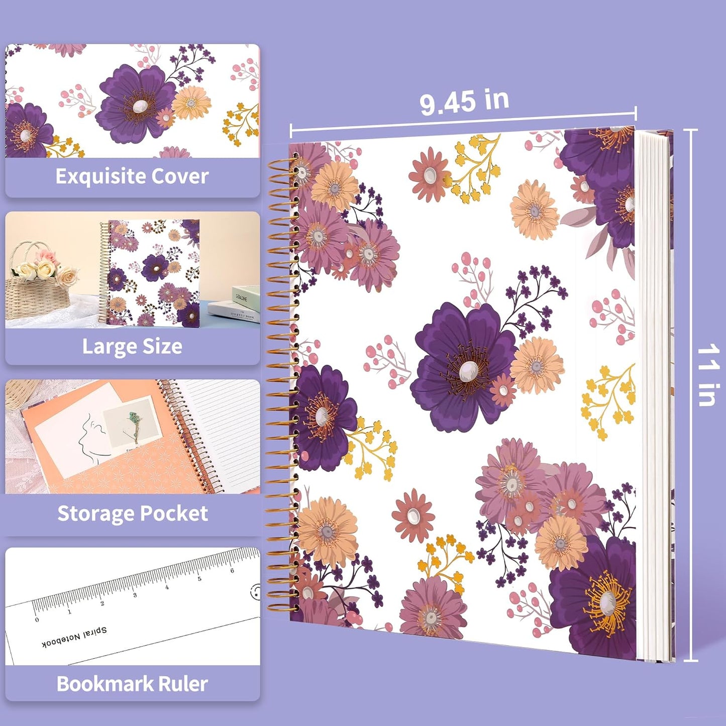 CAGIE Spiral Notebook Journal 8.5 x 11 Hardcover Notebooks College Ruled with Large Pockets Aesthetic Floral Note Book Spiral Bound Notebooks for Work Note Taking Women Writing School, 200 Pages
