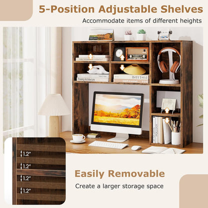 Tangkula Desktop Bookshelf, Countertop Storage Hutch with 5 Shelves for Computer Desk, Desk 3-Tier Display Rack, Multipurpose Wood Desktop Hutch Storage Organizer for Dorm Office Home
