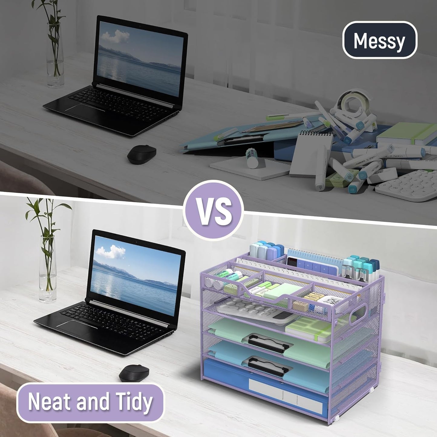Docnest 5 Tier Letter Tray with Hanging File Organizer-Mesh Desk Organizer-Desktop Storage Box Built in Pen Holder and Handles, File Folder Holder for Mail Documents Office Supplies-Black
