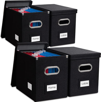 PRANDOM File Organizer Box - Collapsible Decorative Linen Filing Storage with Lids for Letter Size - Grey (14x9.3x10.8 inch)