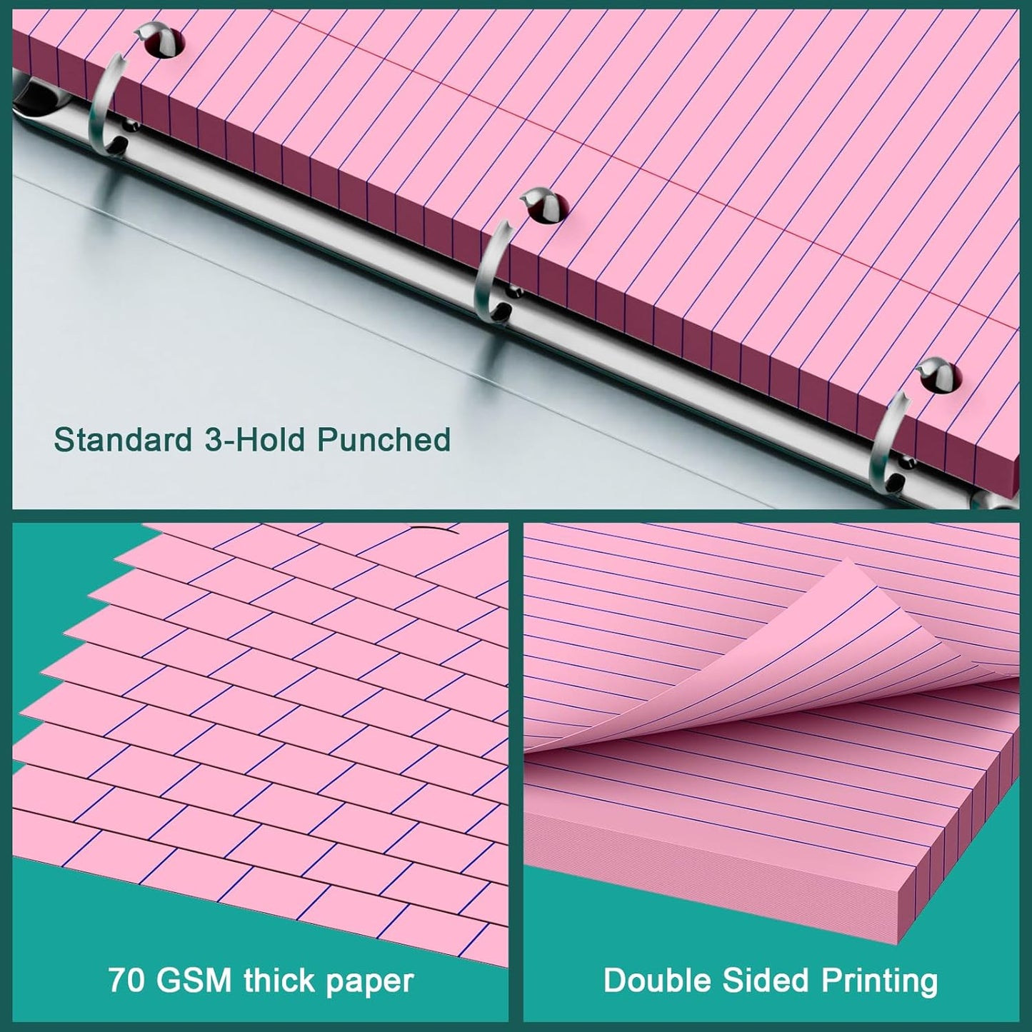 Note Pads 8 X 10.5 Loose Leaf Paper, 120Sheets, 3 Hole Punched Lined Paper, College Ruled 8 X 10.5 Notebooks, 10-1/2" X 8 Binder Writing Pads, Filler Paper For Engineering, Office, School Supplies