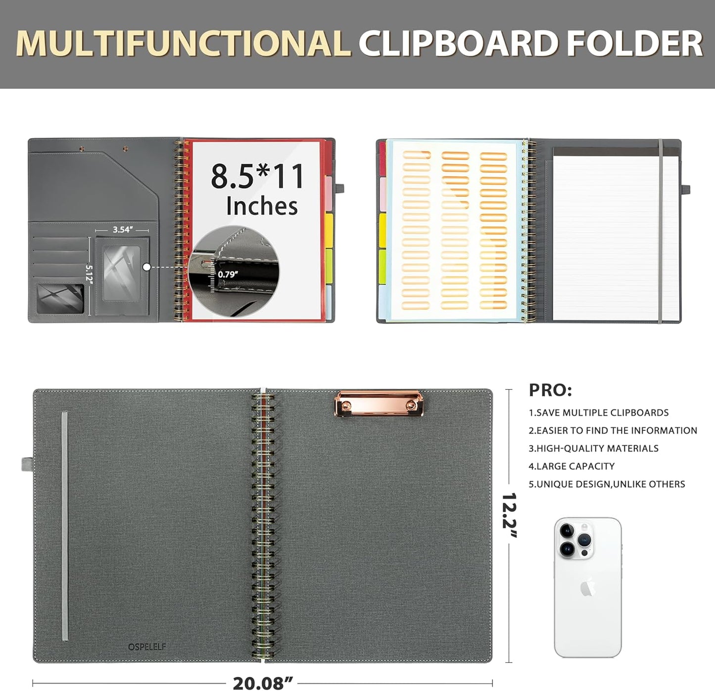 Ospelelf Clipboard with Storage for Women, Leather Padfolio Portfolio Organizer 5 Folders with 10 Pockets, Spiral Clipboard Folio with Notepad for Letter Size, Elastic Closure and Pen Loop Floral