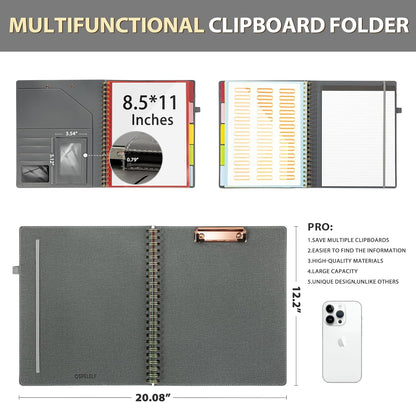Ospelelf Clipboard with Storage for Women, Leather Padfolio Portfolio Organizer 5 Folders with 10 Pockets, Spiral Clipboard Folio with Notepad for Letter Size, Elastic Closure and Pen Loop Floral