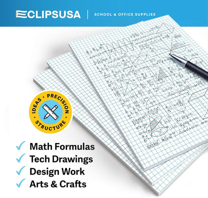 E-CLIPS USA Graph Paper Pad, Graph Paper Notebook, 4 x 4 An Inch Quad Ruled Graph Paper Pad, Graph Paper Pads 8.5 x 11, Drafting Paper, 50 Sheets Per Pad (6 Pack)