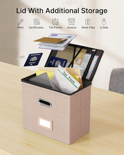 Oterri 2 Pack File Organizer Boxes with Lids, File Box with Mesh Pockets, Document Organizer Box for File Folders Letter Size, Zippers Filing Box for Home, Office, School (Green, Without Folders)