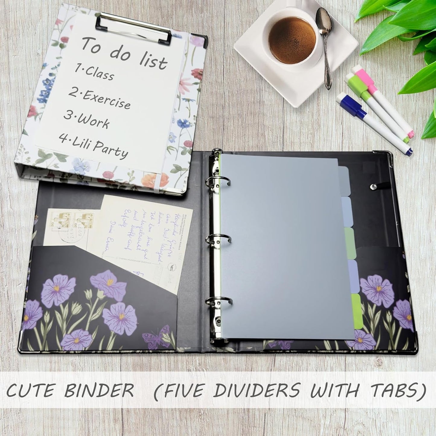 3 Ring Binder 1 Inch, Three Ring Binders Organizer with Clipboard, 5-Tabs Pockets Dividers, Plastic Folder, 18 Divider Stikers, BVSSX Pretty Binder with Pen Loop (Black Weeds, Letter Size)