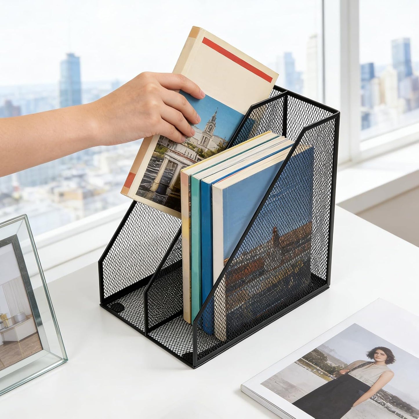 Carperipher Metal Mesh Magazine File Holder, 2 Pcs Desk Document Organizer, 2 Compartments Desk Organizers, Mesh Desktop Organizer and Storage, Black