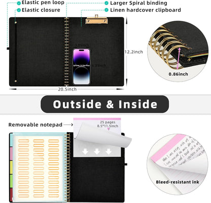 Ospelelf Foldable Spiral Clipboard Folio with Storage Zipper Pouch, 5 Plastic Folders with 10 Pockets,Refillable Lined Notepad (11" x 8.5"), Hardcover Project Organizer with 39 Stickers (Purple)
