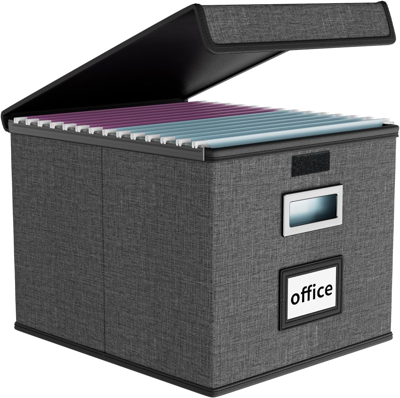 Huolewa Upgraded Portable File Organizer Box with Lid, Collapsible Linen Hanging Filing Storage Boxes with Plastic Slides, Decorative Home/Office Filing System Box for File and Folders Storage (Gray)