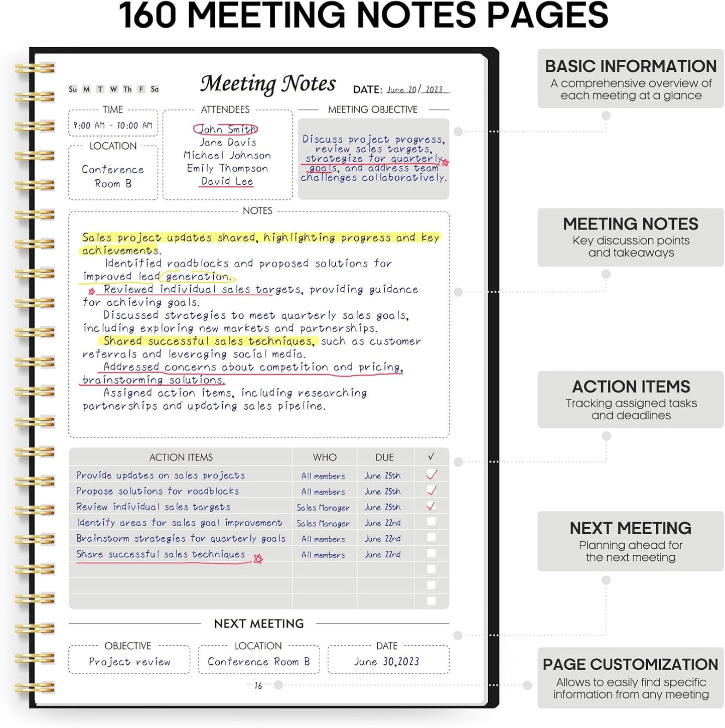 Taja Meeting Notebook for Work Organization - Work Planner Notebook with Action Items, Agenda Planner for Note Taking, 160 Pages (6.9" X 9.9") Project Organizer for Men & Women - Blue