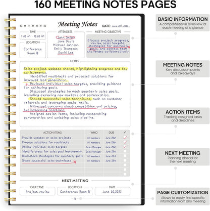 Taja Meeting Notebook for Work Organization - Work Planner Notebook with Action Items, Agenda Planner for Note Taking, 160 Pages (6.9" X 9.9") Project Organizer for Men & Women - Blue