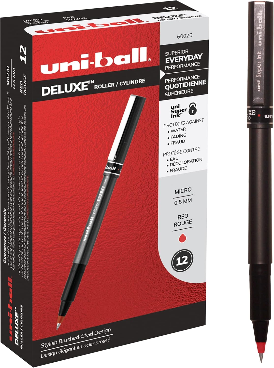 uni-ball® Deluxe Rollerball Pens, Micro Point, 0.5 mm, Graphite Barrel, Black Ink, Pack Of 3