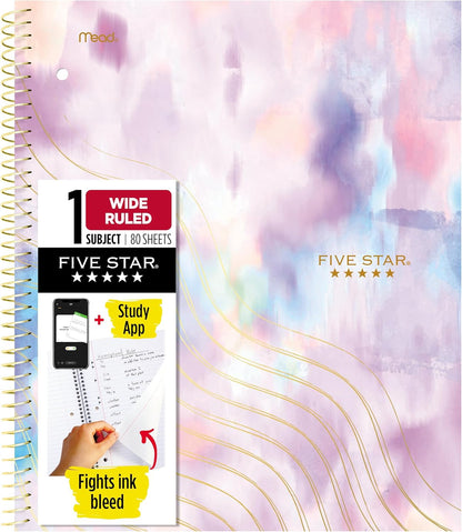 Five Star Spiral Notebook + Study App, 2 Pack, 1 Subject, Wide Ruled, 8" x 10-1/2", 80 Sheets, Fights Ink Bleed, Water Resistant Cover, Pastel Waves and Brush Strokes (930210F-ECM)