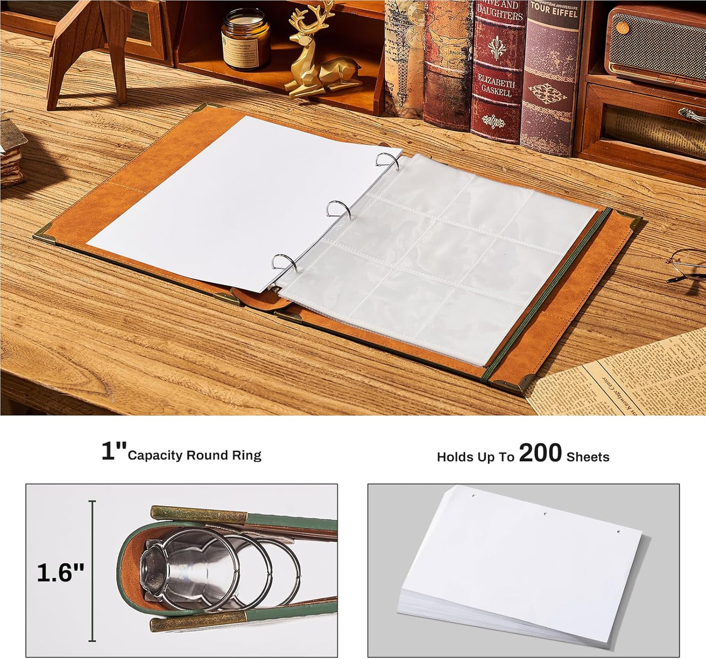 Ovesmusl Leather 3 Ring Binder 1 Inch Round Ring Binder Fits 200 Sheets 8.5"x11" Letter Size Paper, Wedding Family History Notebook Cover Loose Leaf Organizer, Brown