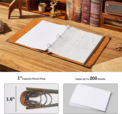 Ovesmusl Leather 3 Ring Binder 1 Inch Round Ring Binder Fits 200 Sheets 8.5"x11" Letter Size Paper, Wedding Family History Notebook Cover Loose Leaf Organizer, Brown