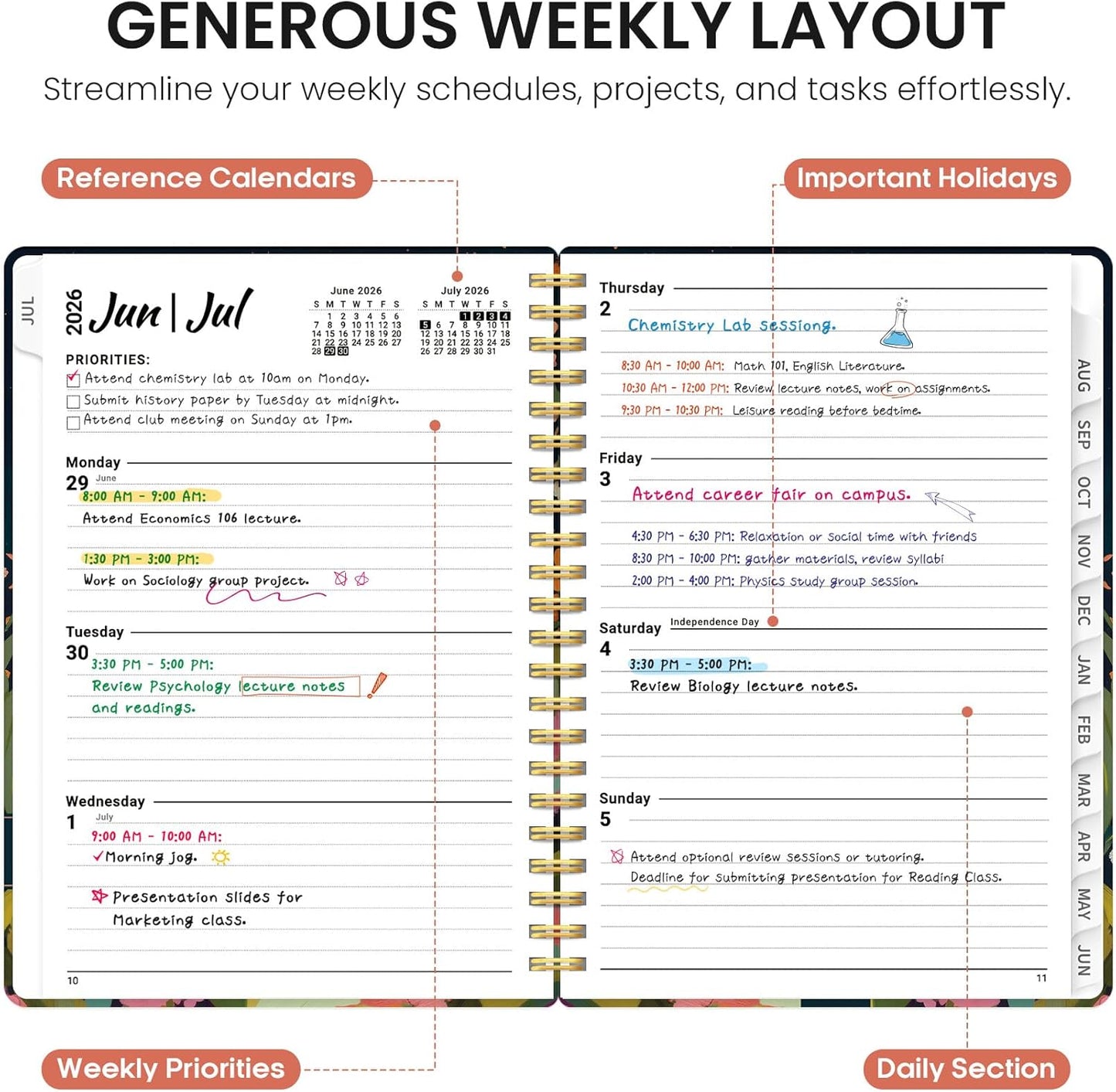 Planner 2026-2027, Academic Year Monthly and Weekly Calendar Planner, Jul 2026 - Jun 2027, Hardcover Teacher Student Planning Agenda book with Tabs, Perfect for School Office Supplies, 6.3" x 8.5" - Wildflowers