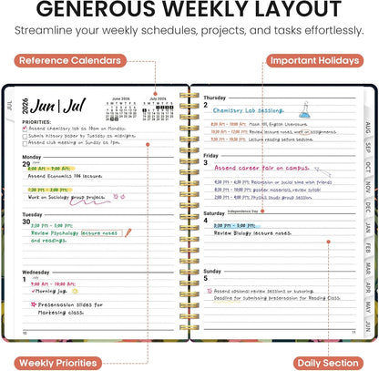 Planner 2026-2027, Academic Year Monthly and Weekly Calendar Planner, Jul 2026 - Jun 2027, Hardcover Teacher Student Planning Agenda book with Tabs, Perfect for School Office Supplies, 6.3" x 8.5" - Wildflowers