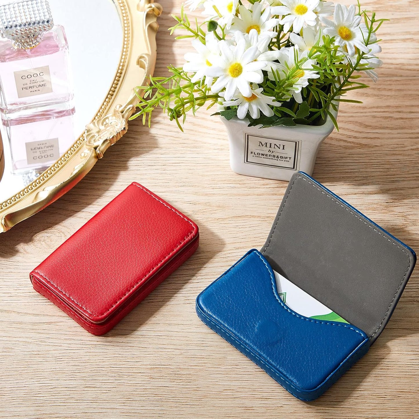 Outus 2 Pcs Business Card Holder, PU Leather Business Card Case Pocket Wallet with Magnetic Shut for Valentines Gift Adult(Black and Coffee)