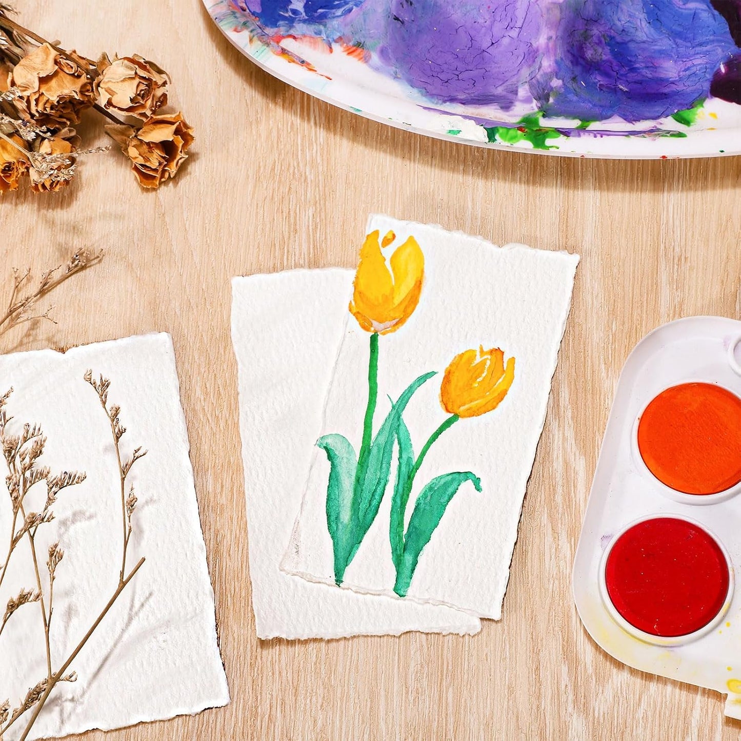 Prudiut 25 Sheets Cotton Watercolor Paper, 300 GSM Deckled Edge, 5 x 7 inch, Rough/Textured, White, for Watercolors, Wedding Invitations, Cards, Crafts