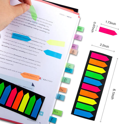 Golcellia Fluorescent Translucent Sticky Note Flags, 1200 Pcs Total, Pack of 10 Color Tabs, Arrow Index Tabs, Page Flag Markers