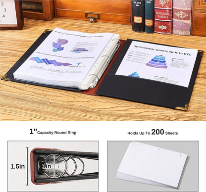 Ovesmusl Leather 3 Ring Binder 1 Inch Round Ring Binder Fits 200 Sheets 8.5"x11" Letter Size Paper, Wedding Family History Notebook Cover Loose Leaf Organizer, Brown