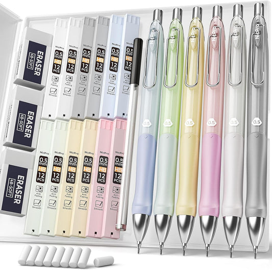 Nicpro 6PCS Pastel Mechanical Pencil Set 0.9 mm, Cute Mechanical Pencils 0.9 with Comfort Grip with 12 Tube HB Lead Refill, 3 Eraser, 9 Eraser Refill for Student Writing, Drawing, Sketching- with Case