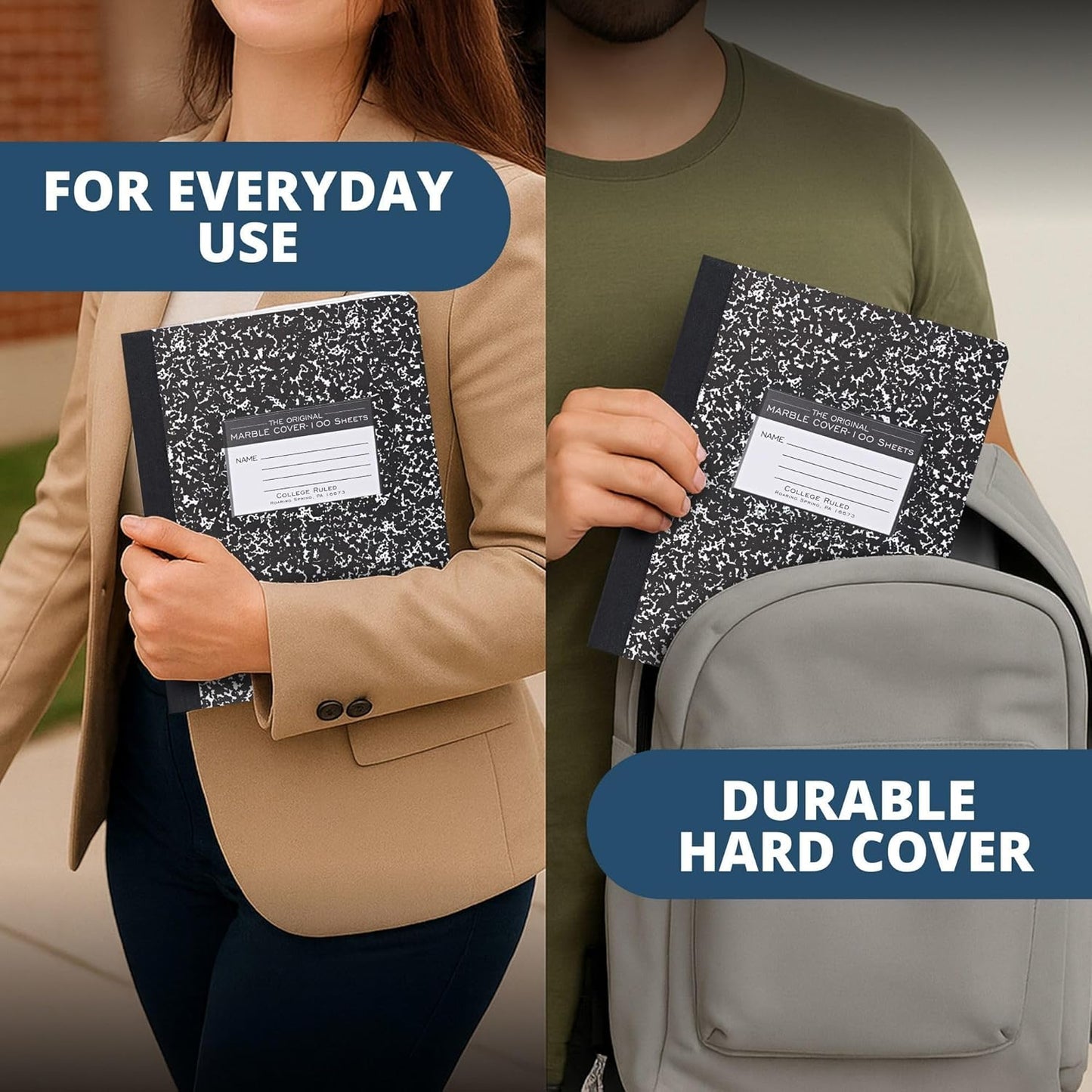ROARING SPRING Hard Cover Composition Notebook, 4 Pack, Blue Marble Comp Book, 9.75″ x 7.5″, Unruled Blank Paper, 100 Sheets (200 Pages), Made in USA