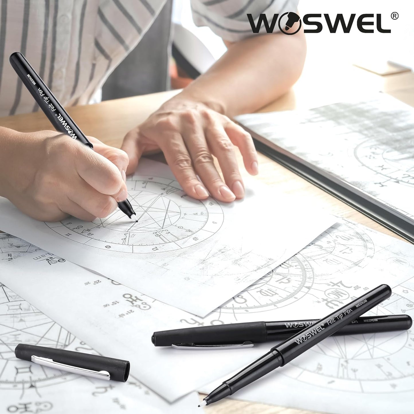 WOSWEL Black Felt Tip Pens, 32 Black Pens, 0.7mm Medium Point Felt Tip Markers Pens for Journaling, Note Taking, Planner, Writing,Drawing.Perfect for Art Office and School Supplies
