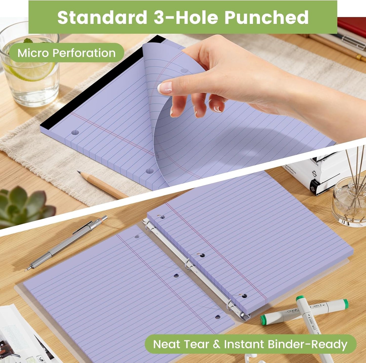 Legal Pads 8.5x11, White Notepads 8.5x11, Wide Ruled Lined with 3 Hole Punch, Loose Leaf Notebook Paper for 3 Ring Binders, 3 Pack, 30 Sheets/Pack, Perforate for School, Office, Home