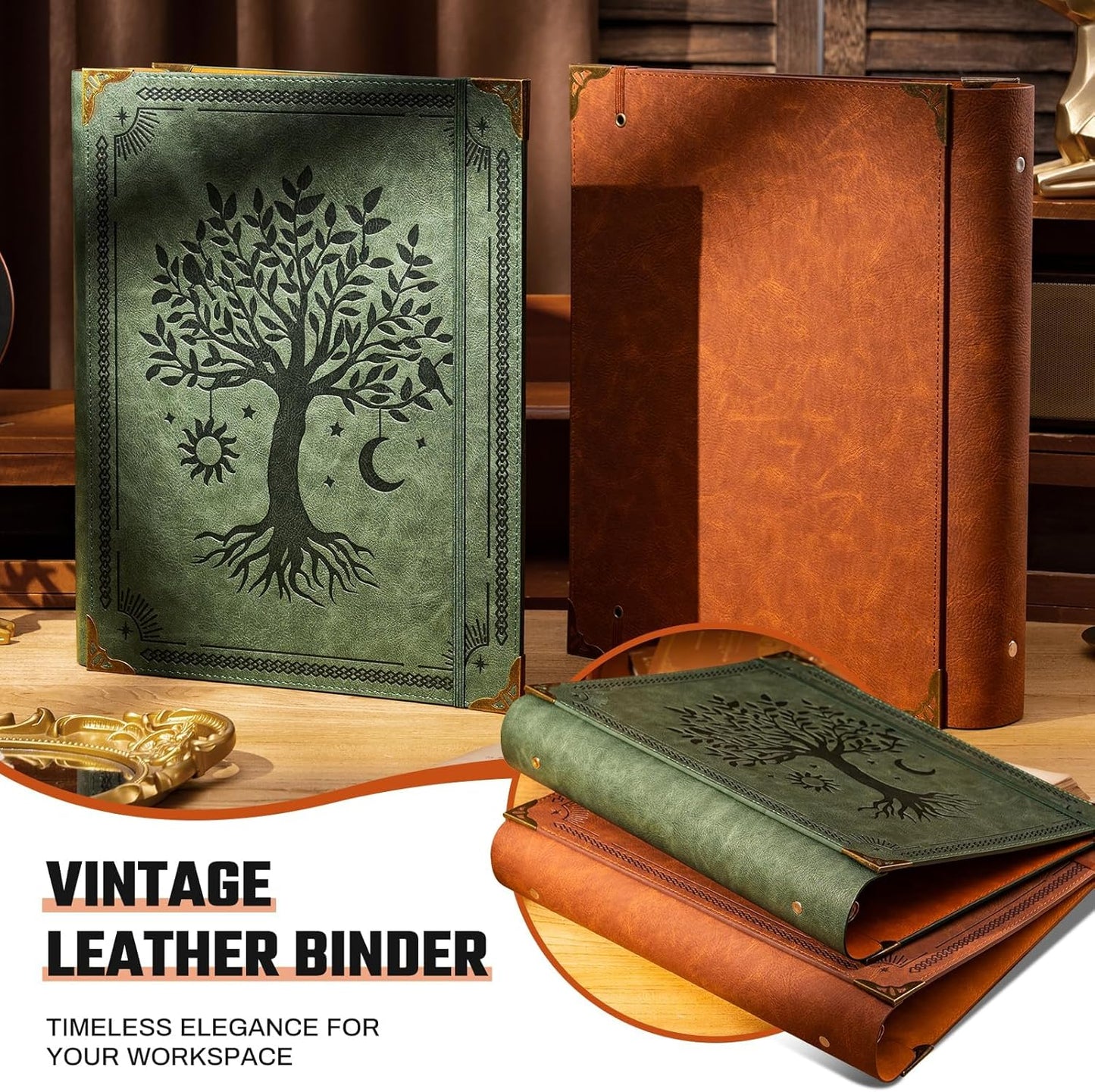 Ovesmusl Leather 3 Ring Binder Fits 8.5"x11" Letter Size Paper, 1 Inch Round Ring Binder Holds 200 Sheets, Notebook Cover Loose Leaf Organizer, Green Tree