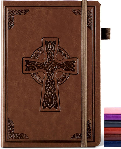 CAGIE Leather Lined Journal Notebook for Men & Women, Debossed Cross, 320 Pages 100 GSM Thick Paper, A5 Hardcover Journaling Notebooks for Writing, 5.7'' X 8.3'' Diary, Brown