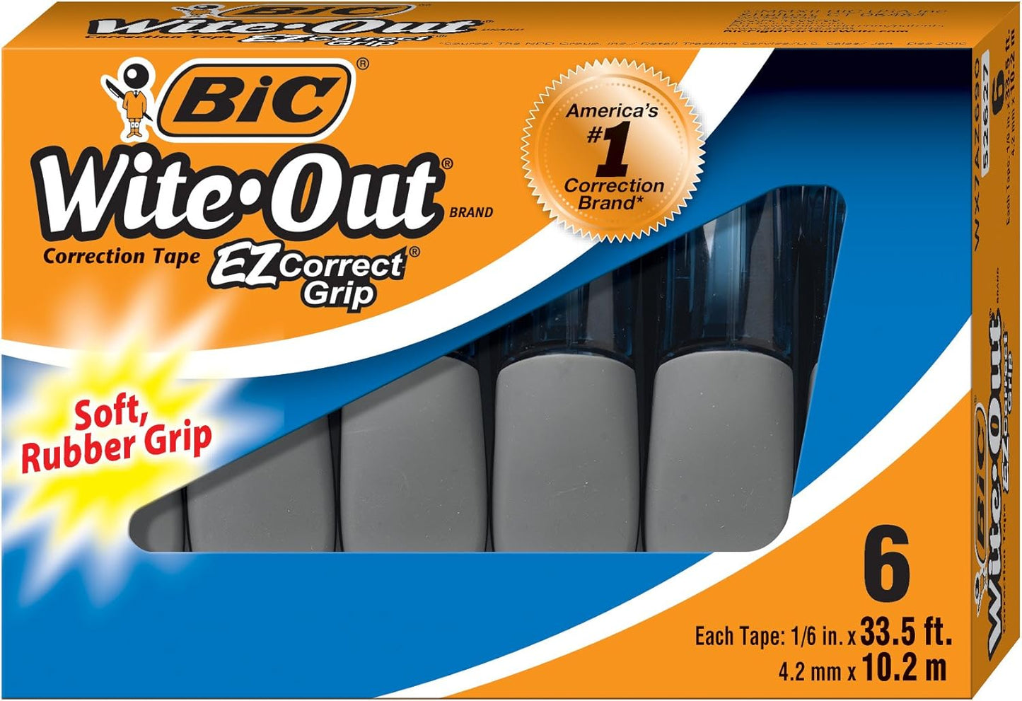 BIC Wite-Out Brand EZ Correct Grip Correction Tape, White, 6-Count