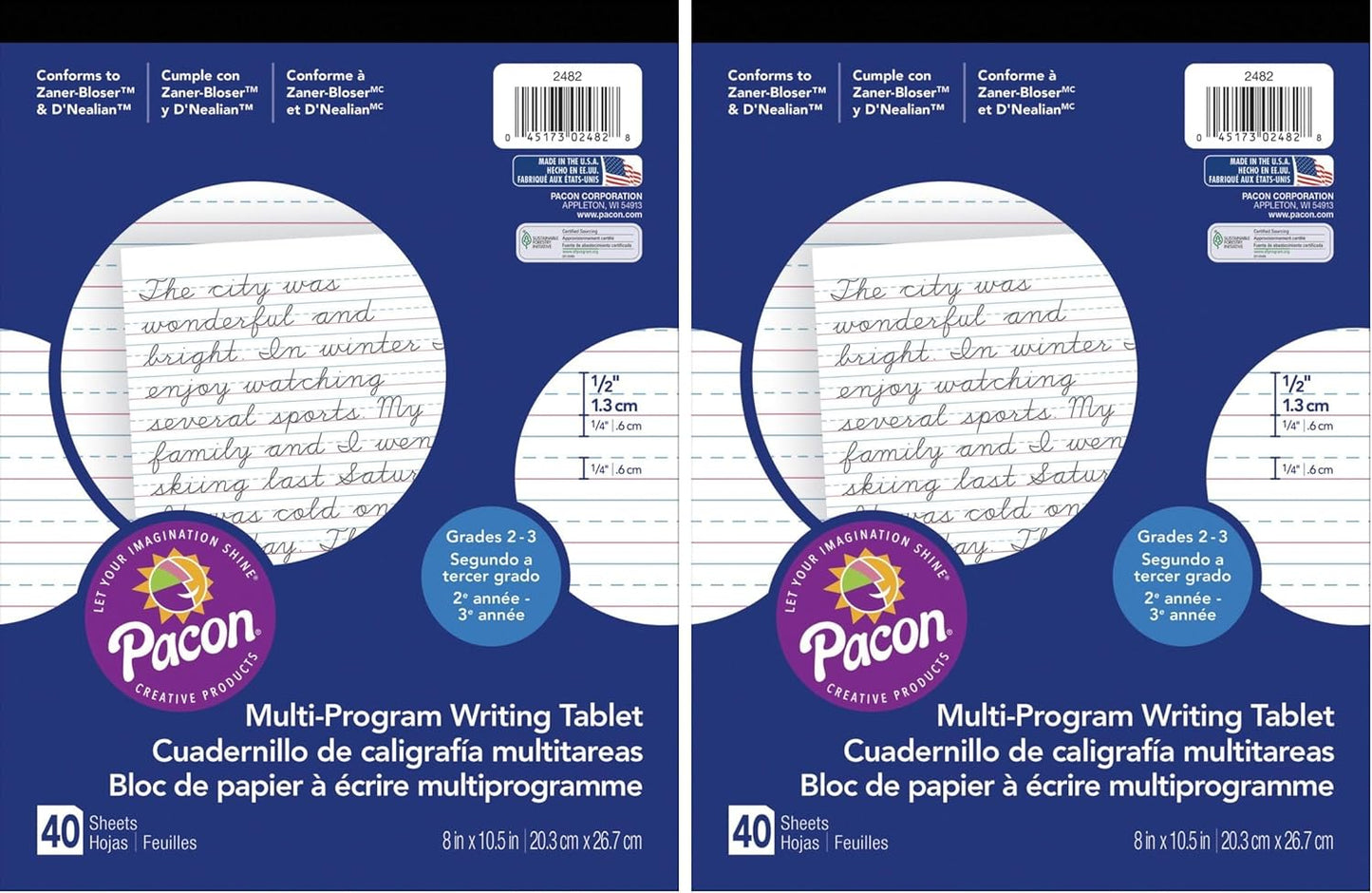 Pacon PAC2482 Multi-Program Ruled Handwriting Paper, 8" x 10.5", 40 Sheets, D'Nealian Grades 2-3 and Zaner-Bloser Grade 2, 0.5" Ruling, 0.25" Dotted Midline, 0.25" Descender Space