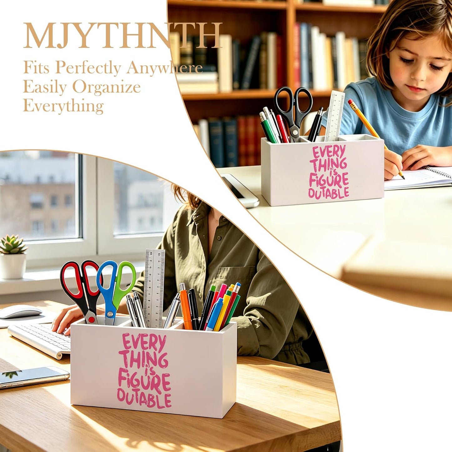 Don't Overthink It Inspirational Pencil Pen Holder for Desk, Pink Positive Affirmations Wooden Box Sign Pen Holder Organizer for Home Office School Desk Accessories