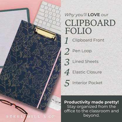 Steel Mill & Co Cute Clipboard Folio with Refillable Lined Notepad and Interior Storage Pocket, Floral Padfolio for Work, Garden Blooms Cream