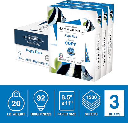 Hammermill Copy Plus 8.5-Inch x 11-Inch Copy Paper, 20 lbs., 92 Bright, 500 Shts/RM, 3RM/CT (105040)