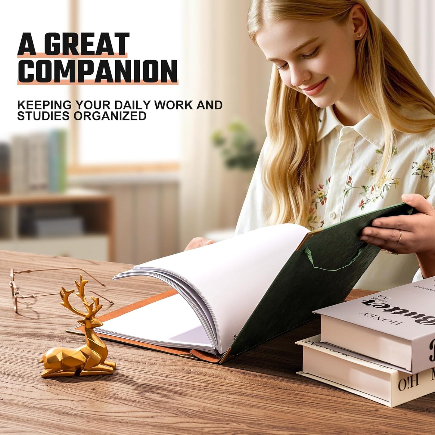 Ovesmusl Leather 3 Ring Binder Fits 8.5"x11" Letter Size Paper, 1 Inch Round Ring Binder Holds 200 Sheets, Notebook Cover Loose Leaf Organizer, Green Tree