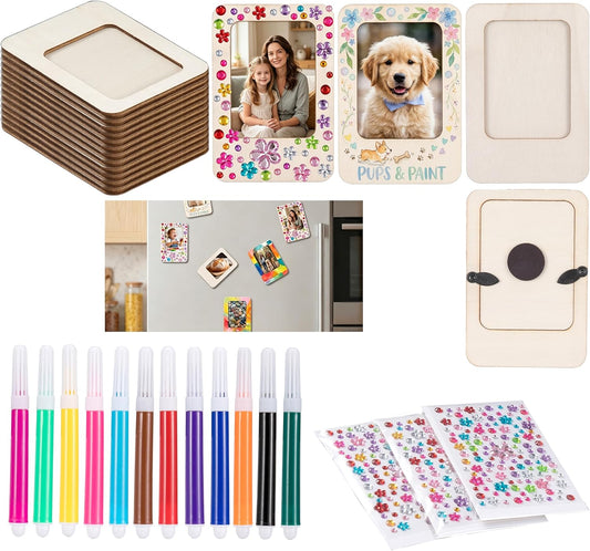 12 Pack Magnetic Wooden Picture Frames – DIY Craft Mini Photo Frames with Watercolor Pencils & Stickers, Paintable Unfinished Wood for Refrigerator Decor, Home Photos