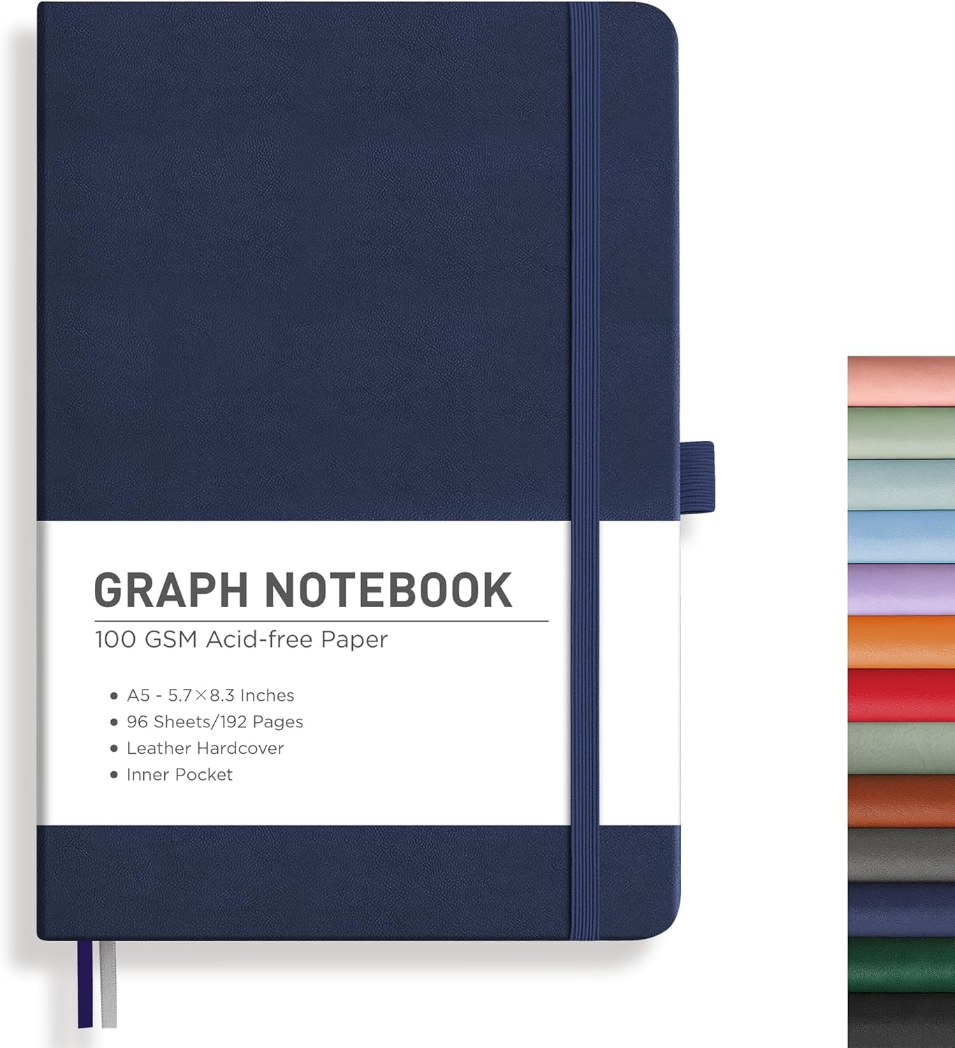 RETTACY Graph Grid Paper Notebook, 192 Pages, A5 Medium Size (5.7'' x 8.3''), 5 Squares per Inch, Leather Hardcover, 100 GSM Thick Paper, for School, Students, Math, Engineering (Brown)