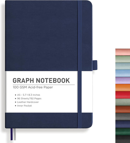 RETTACY Graph Grid Paper Notebook, 192 Pages, A5 Medium Size (5.7'' x 8.3''), 5 Squares per Inch, Leather Hardcover, 100 GSM Thick Paper, for School, Students, Math, Engineering (Brown)